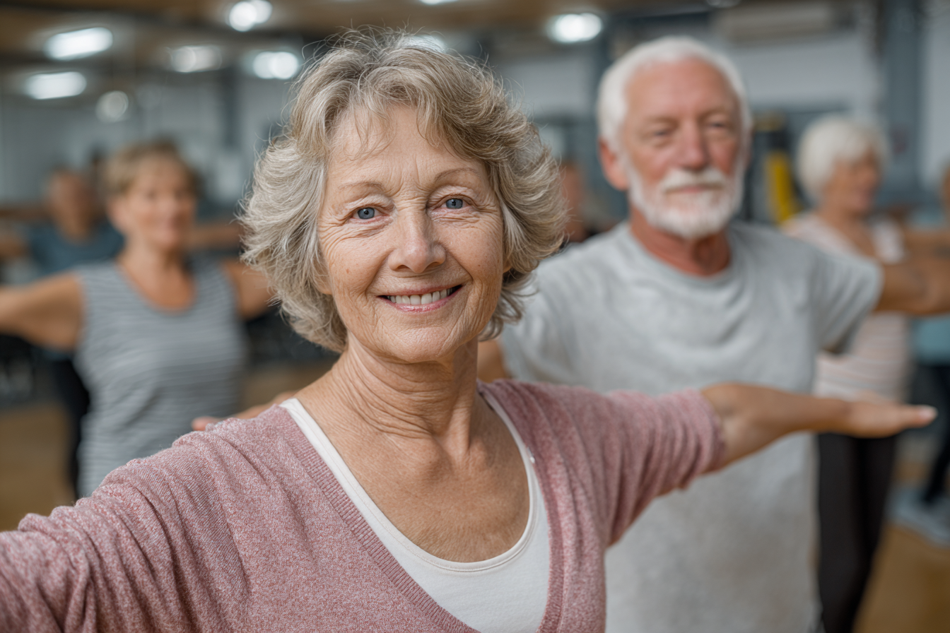 Katta yoshdagi ayol yoga qilmoqda